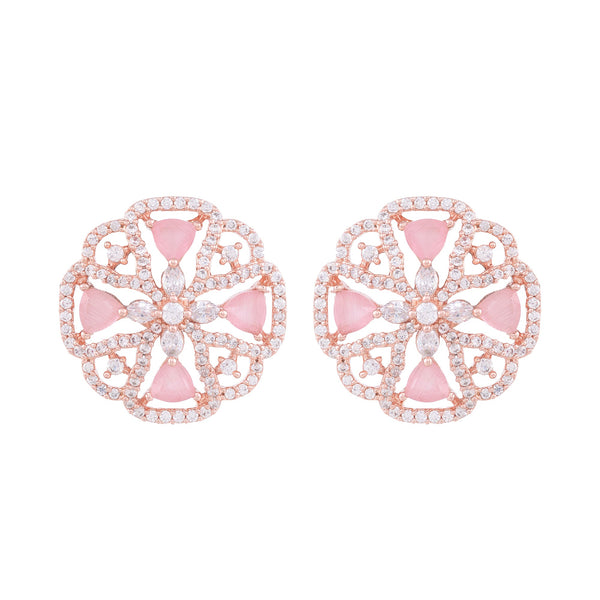 Crown Design Rose Quartz Studs Pastel Pink Tops Ad Encrusted Rose Gold Plated Earrings for Women and Girls - Saraf RS Jewellery