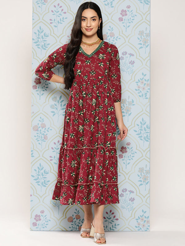 Women's Maroon Floral Fit And Flare Dress - Yufta