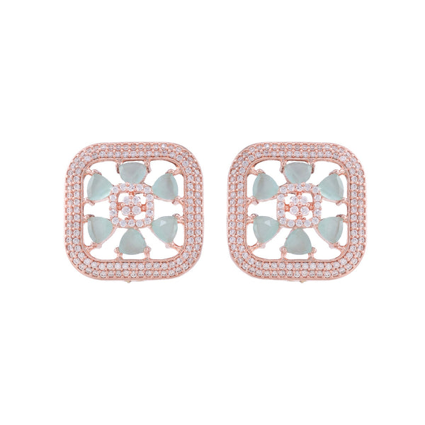 Sqaure Sleek Turquoise Studs Light Blue Ad Studded Rose Gold Plated Small Earrings for Women and Girls - Saraf RS Jewellery