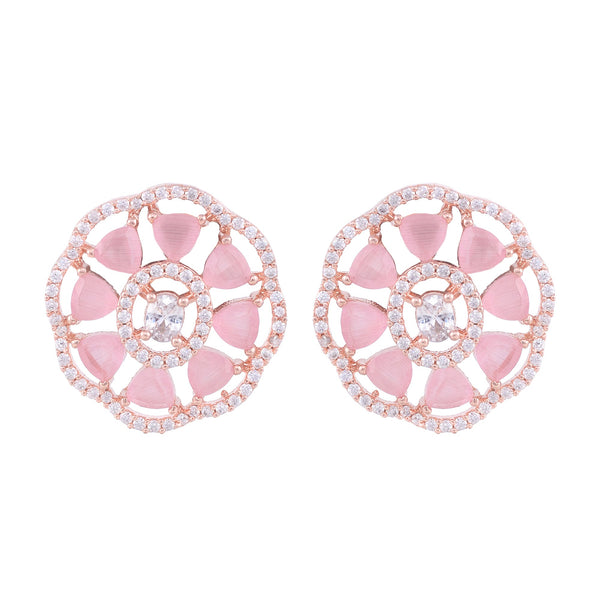 Handcrafted Floral Design Pastel Pink Studs Rose Quartz Small Earrings Rose Gold Plated for Women and Girls - Saraf RS Jewellery