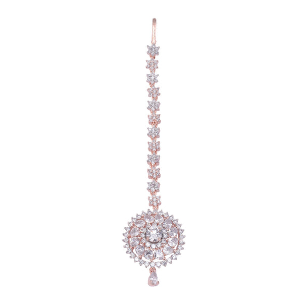 Handcrafted American diamond Maang tika,Rose Gold plated for Women & Girls - Saraf RS Jewellery