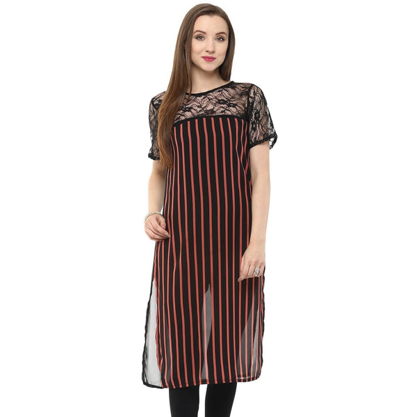 Women's Stripped and Lace Kurti - Pannkh