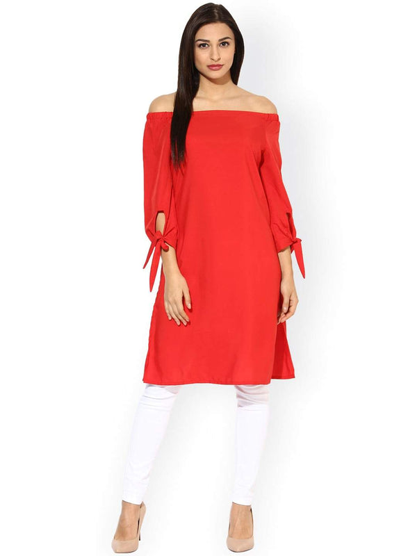 Women's  Red Solid Crepe Off-Shoulder Straight Kurta - AKS