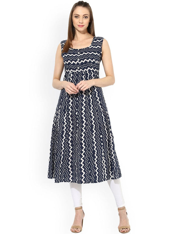 Women's  Navy & White Printed Anarkali Kurta - AKS