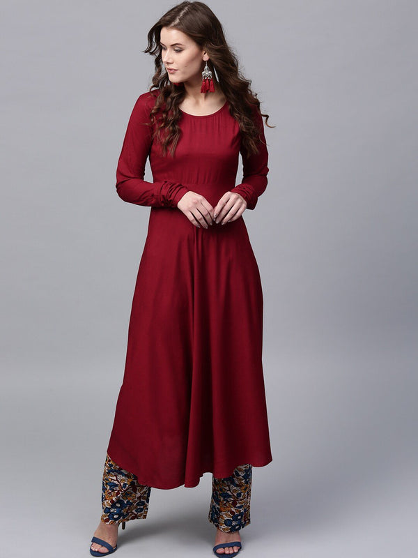 Women's  Maroon Solid Anarkali Kurta - AKS