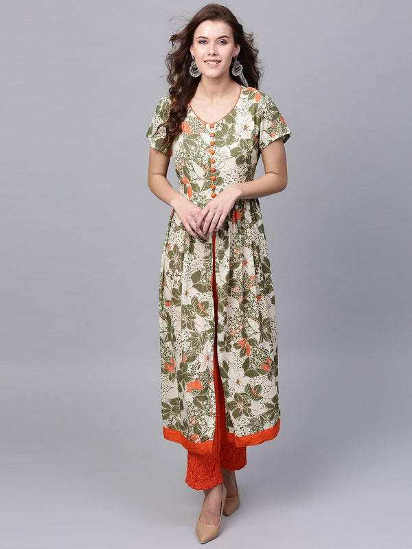 Women's  Cream-Coloured & Green Printed A-Line Kurta - AKS