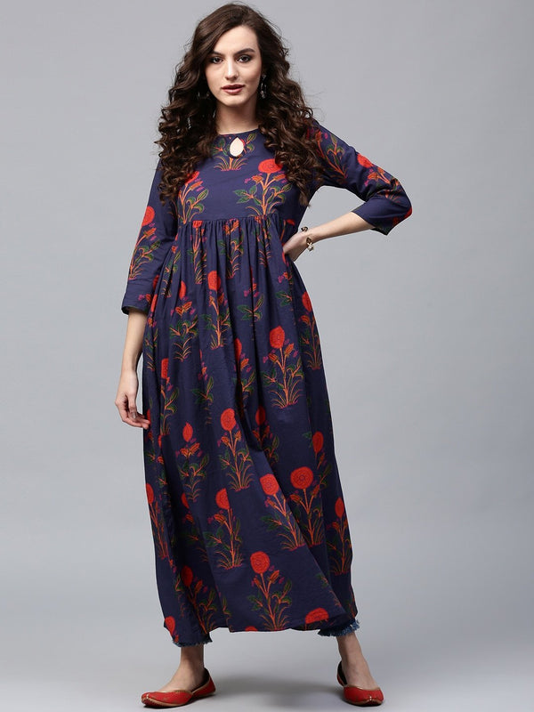 Women's  Navy Blue & Orange Printed Anarkali Kurta - AKS