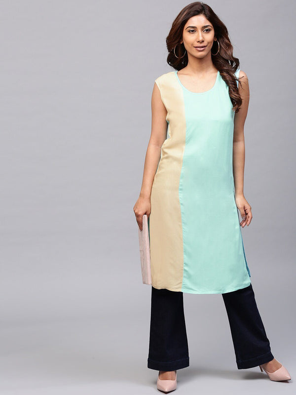 Women's  Blue & Beige Colourblocked Straight Kurta - AKS