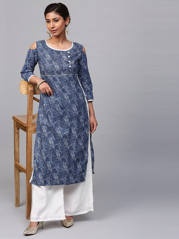 Women's  Navy & White Printed Straight Kurta - AKS