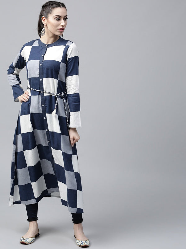 Women's  Navy & White Checked A-Line Kurta - AKS