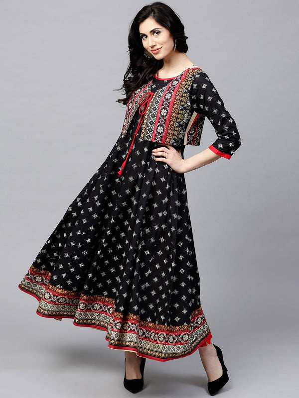 Women Black Printed Anarkali kurta with Jacket by AkS (Set of 2)