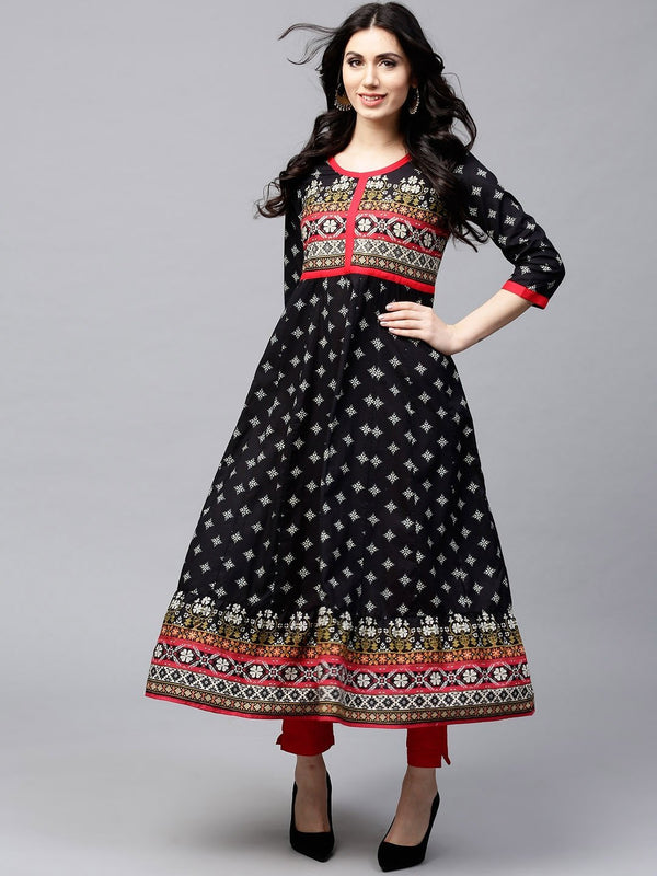 Women's  Black & Off-White Printed Tiered Anarkali Kurta - AKS