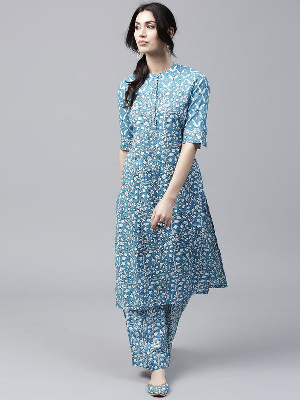 Women's  Blue & White Printed Straight Kurta - AKS