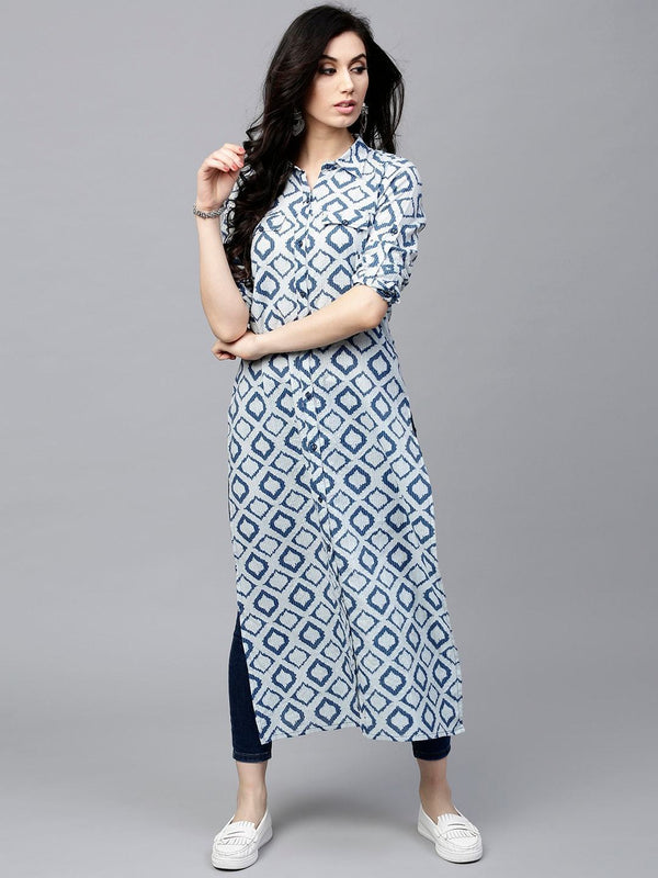 Women's  Navy & Off-White Printed Straight Kurta - AKS