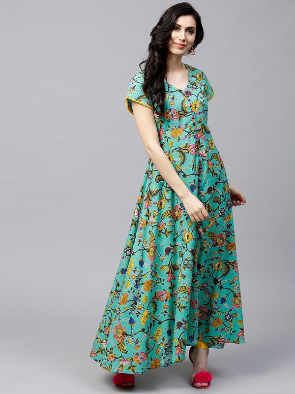 Women's  Green & Yellow Floral Print Anarkali Kurta - AKS