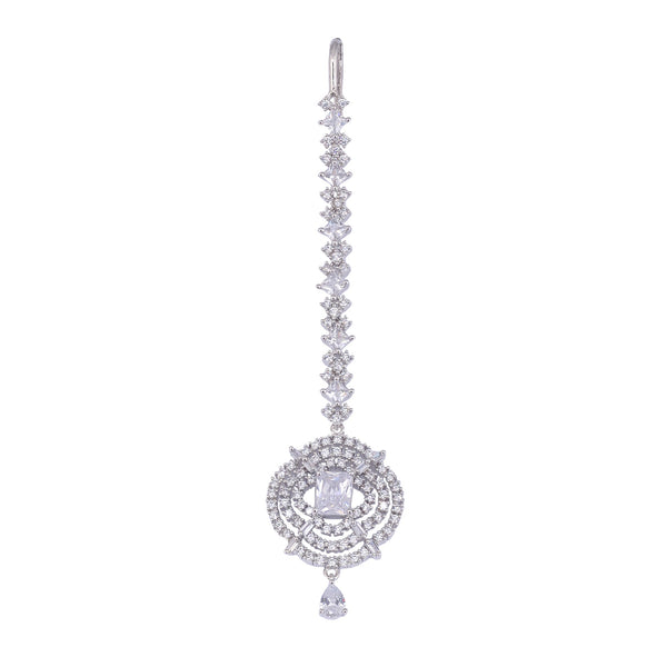 Solitaire Maang Tikka American Diamond studded Silver plated for Women & Girls - Saraf RS Jewellery