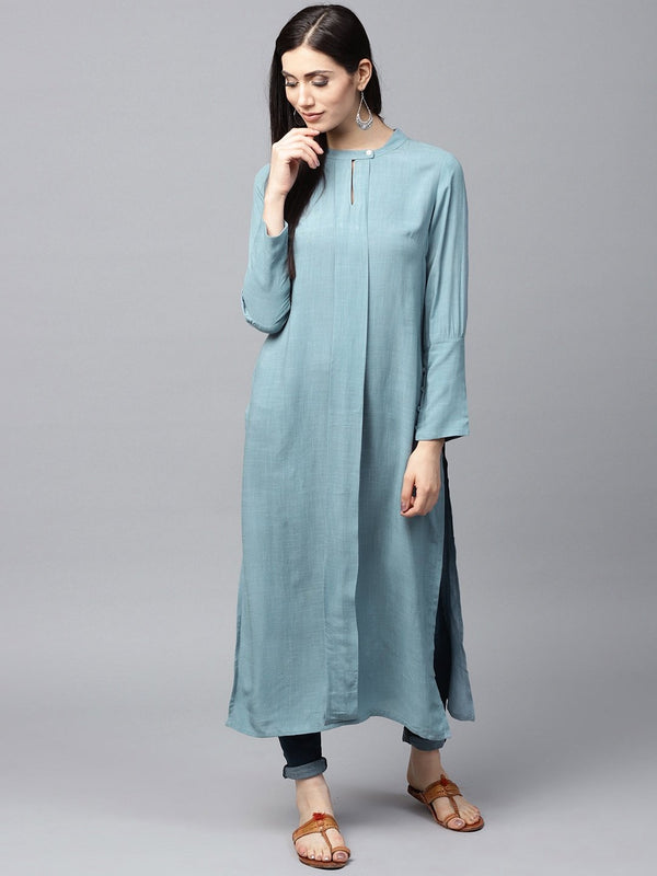 Women's  Blue Solid Straight Kurta - AKS