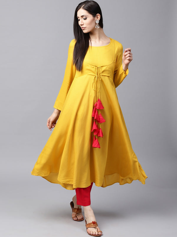 Women's Mustard Flared Anarkali With Tassels - Aks