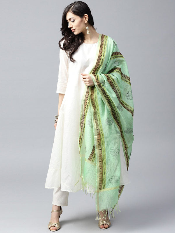 Women's Green Hand Block Printed Dupatta - Aks