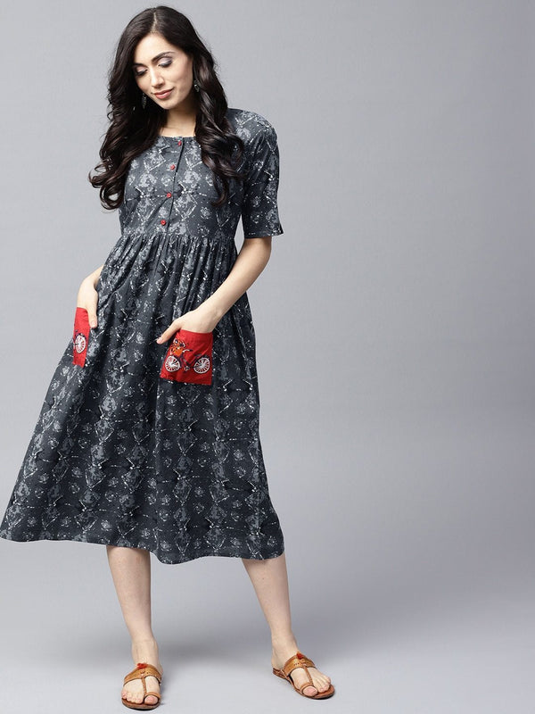 Women's  Grey Printed Fit and Flare Dress - AKS