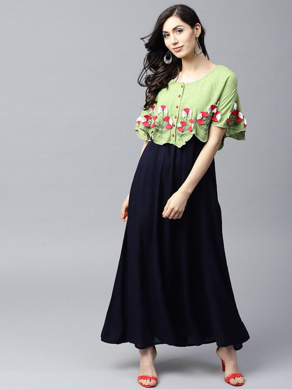 Women's  Navy Blue & Green Layered Maxi Dress - AKS