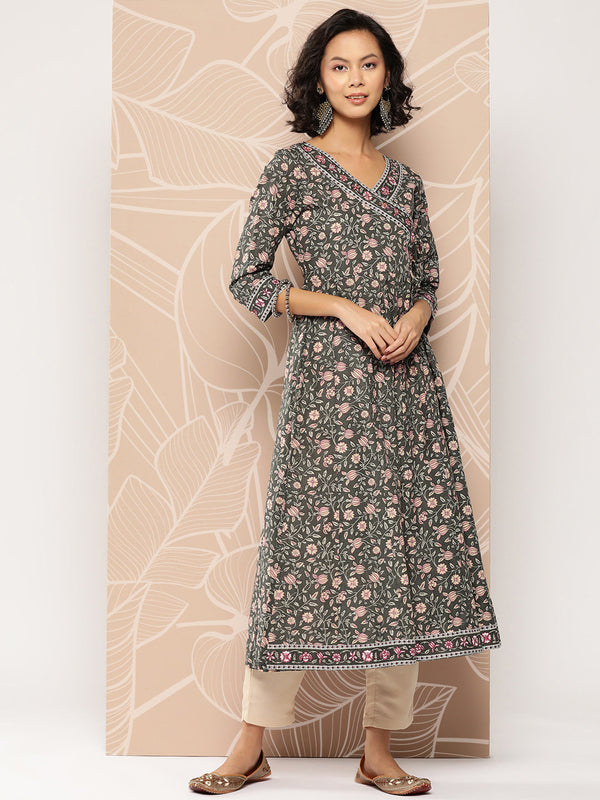 Women's Military Green Floral Angrakha Kurta - Yufta