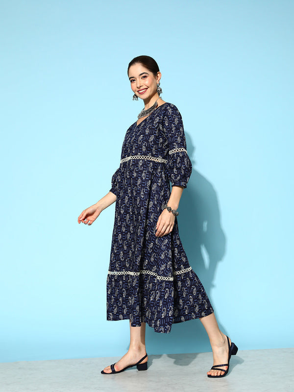 Women's Indigo Blue Ethnic Motifs Fit And Flare Dress - Yufta