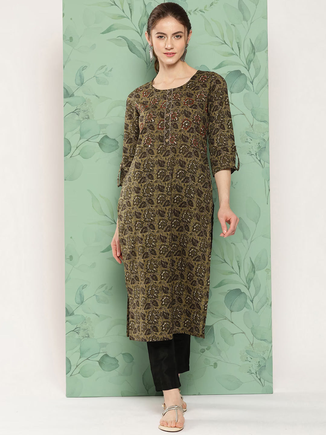 Women's Green Floral Straight Kurta - Yufta