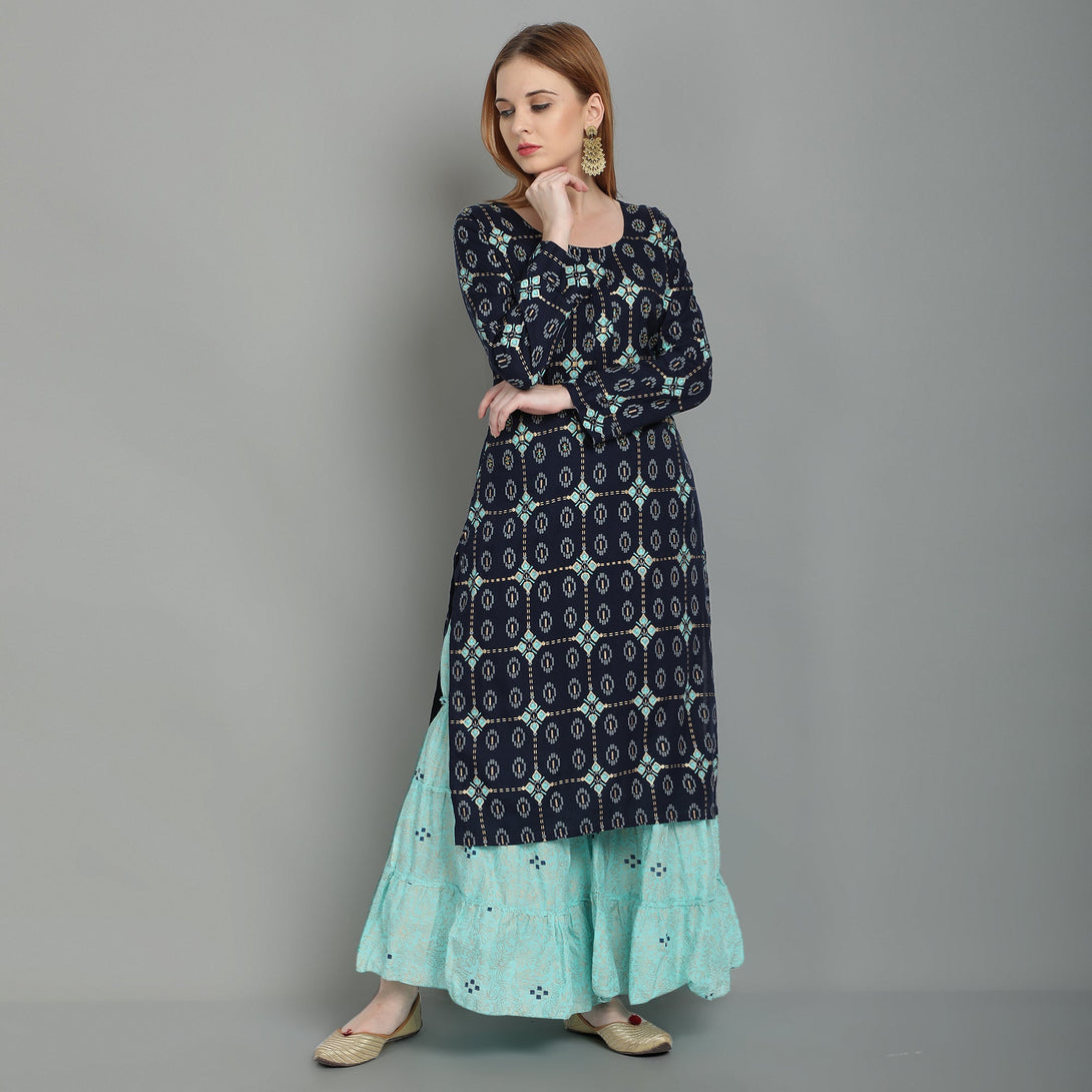 Women's Blue Rayon Kurta And Sharara Set - Noz2Toz