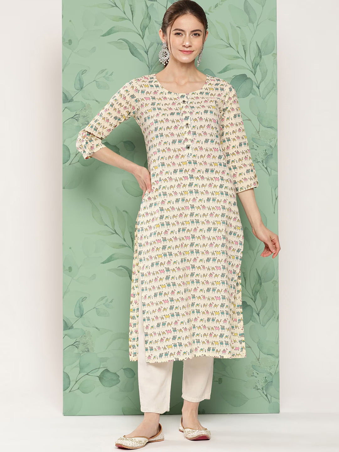 Women's Beige Animal Straight Kurta - Yufta