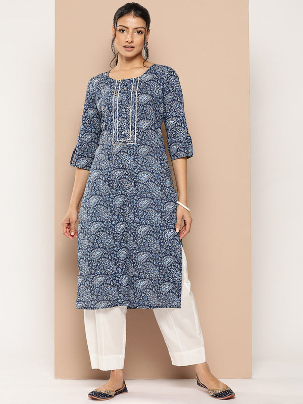 Women's Blue Floral Straight Kurta - Yufta