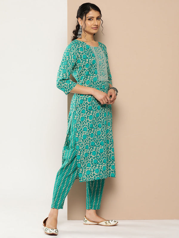 Women's Teal Blue Ethnic Motifs Straight Kurta Trouser Set - Yufta