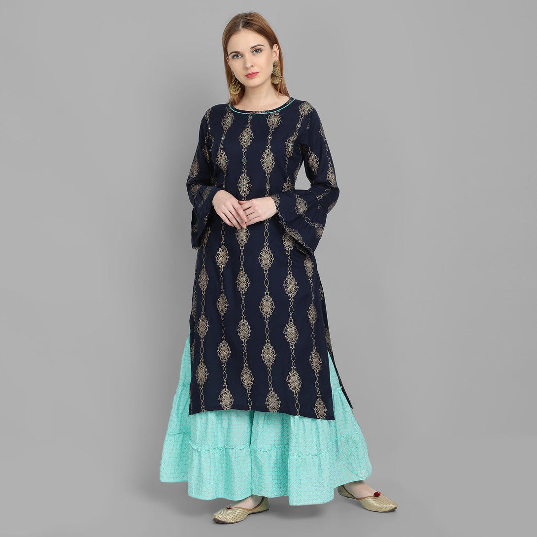 Women's Blue Rayon Kurta And Sharara Set - Noz2Toz