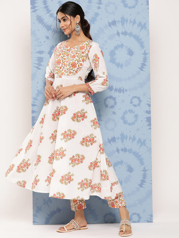 Women's White Floral Anarkali Kurta Trouser And Dupatta Set - Yufta