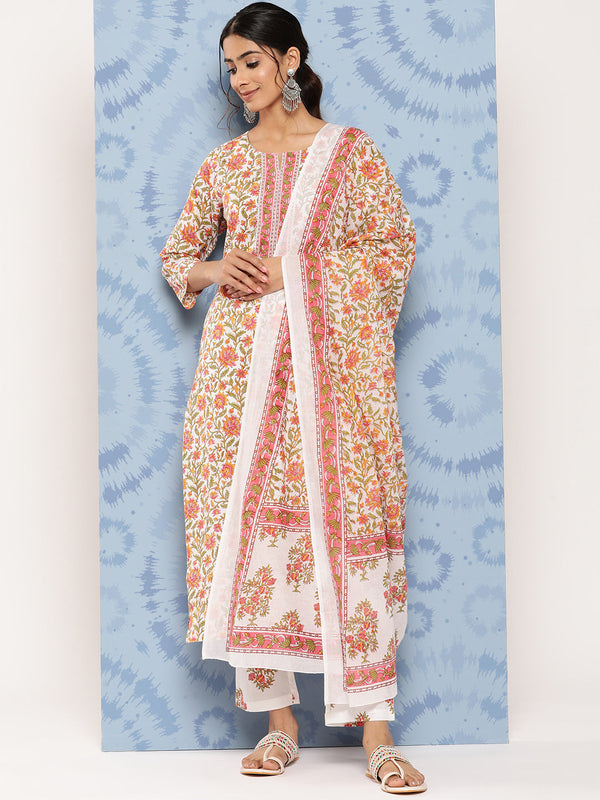 Women's White And Peach Floral Straight Kurta Trouser And Dupatta Set - Yufta