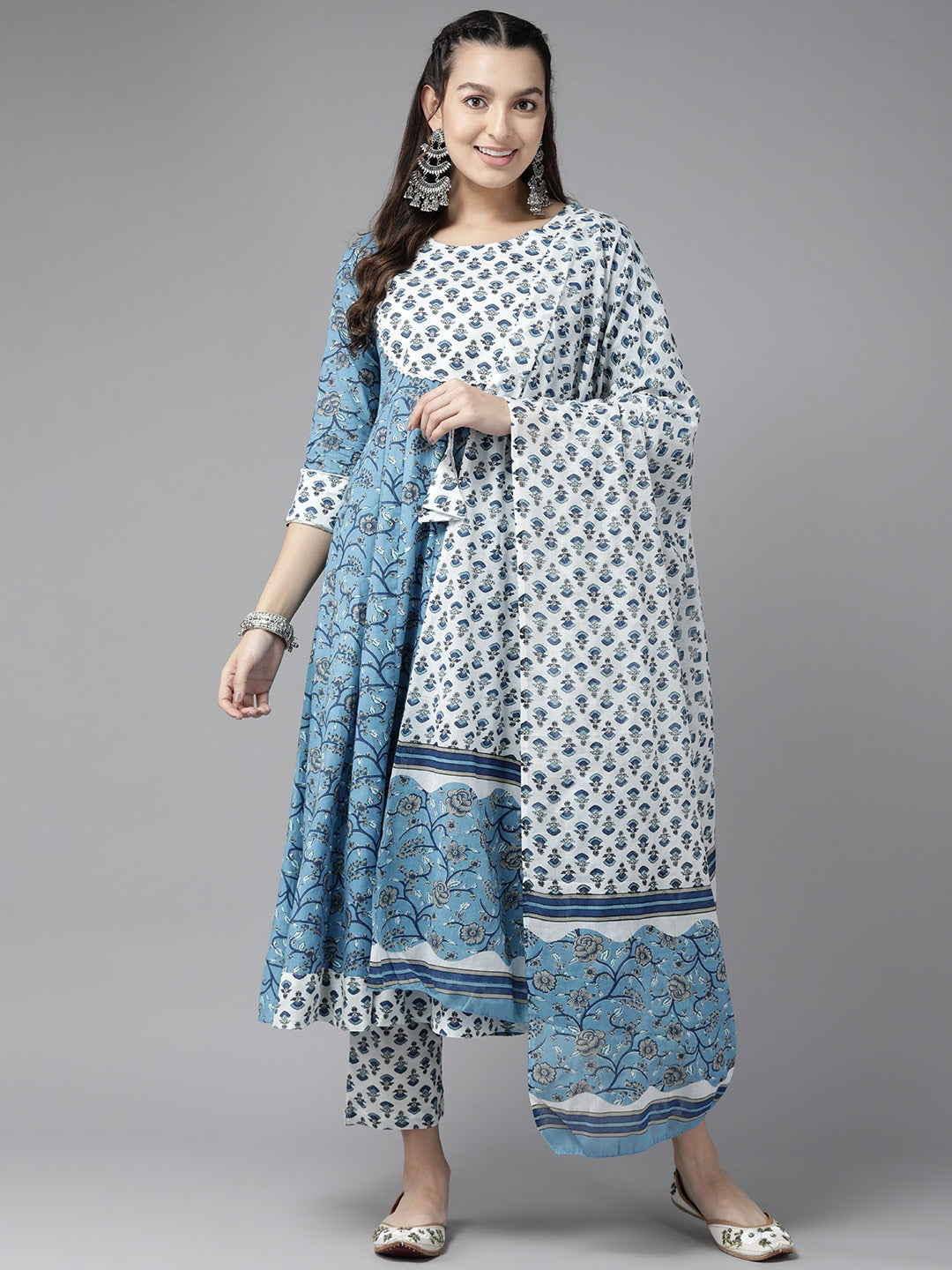 Women's Blue Floral Anarkali Kurta Trouser And Dupatta Set - Yufta