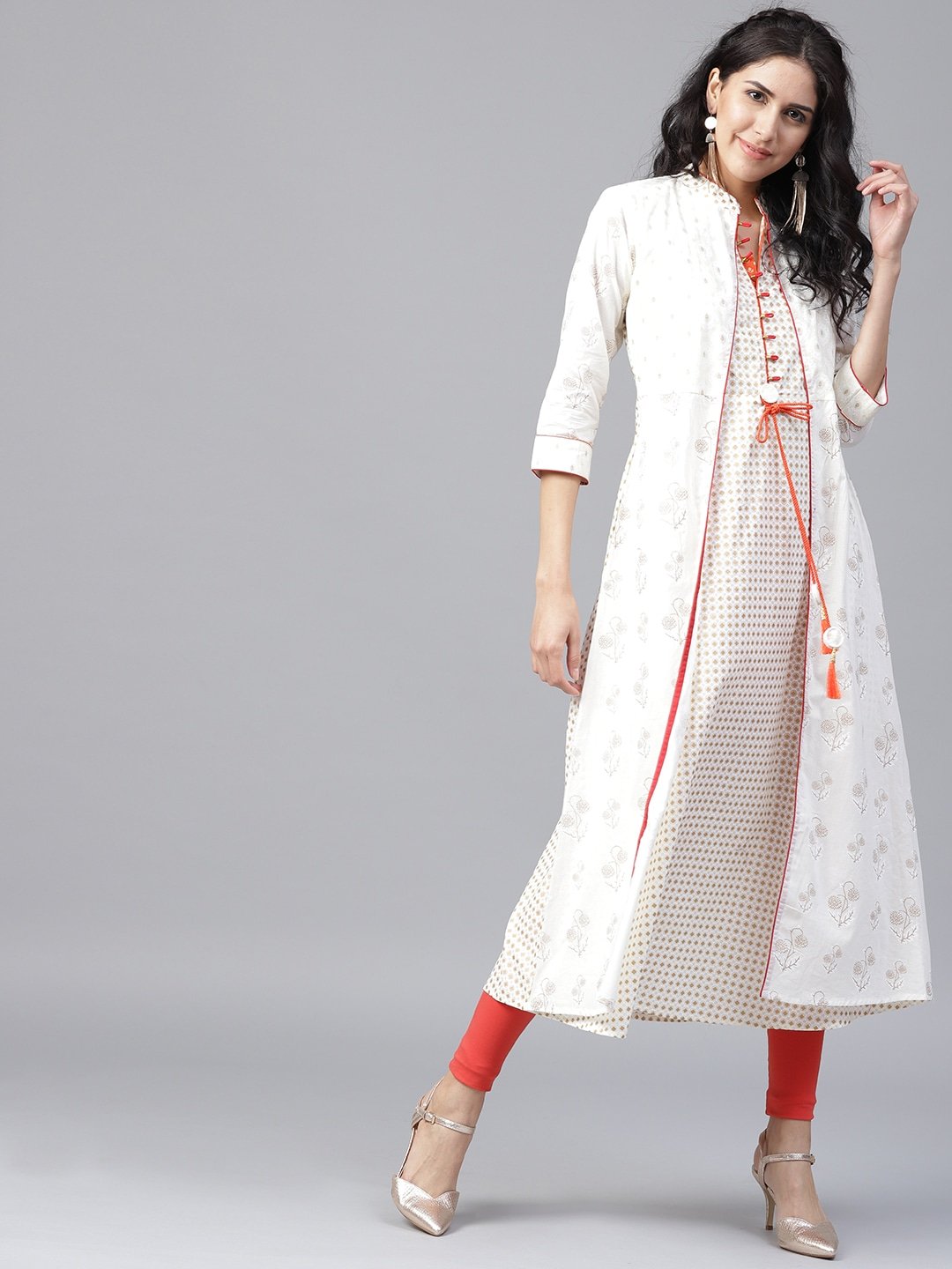 Women's White & Golden A-Line Kurta - Yufta