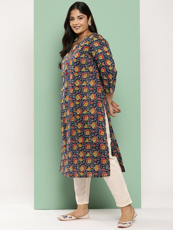 Women's Blue Floral Straight Kurta - Yufta