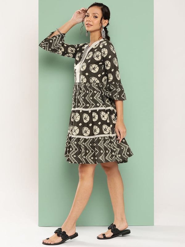 Women's Black Ethnic Motifs A-Line Dress - Yufta