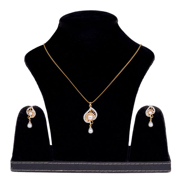 Women's Gold Plated White Ad & Pearl Studded Pendant Jewellery Set - Saraf Rs Jewellery