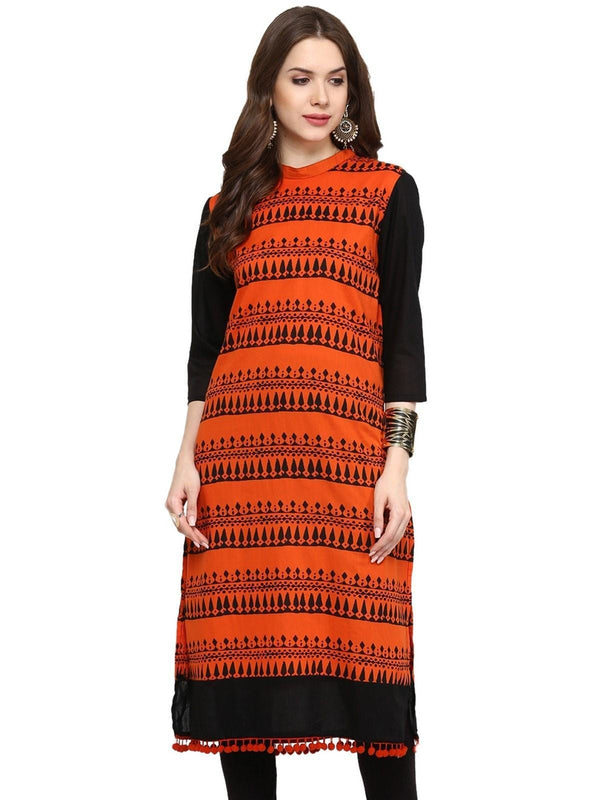 Women's Block Print Kurti With Pom-Pom - Pannkh