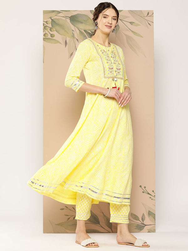 Women's Yellow Ethnic Motifs Anarkali Kurta Trouser And Dupatta Set - Yufta