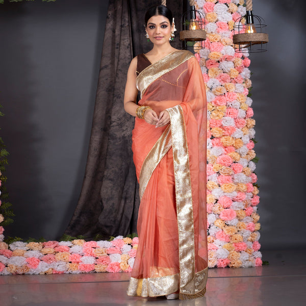 Women's Tangerine Orange Organza Saree With Gold Gota Border And Fringe Lace - Boveee