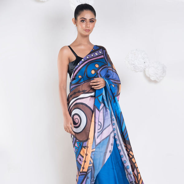 Women's Elyna Satin Georgette Digital Printed Saree In Blue Color - Boveee