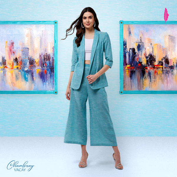 Women's Chambray Long Blazer And Pant Set - Pannkh