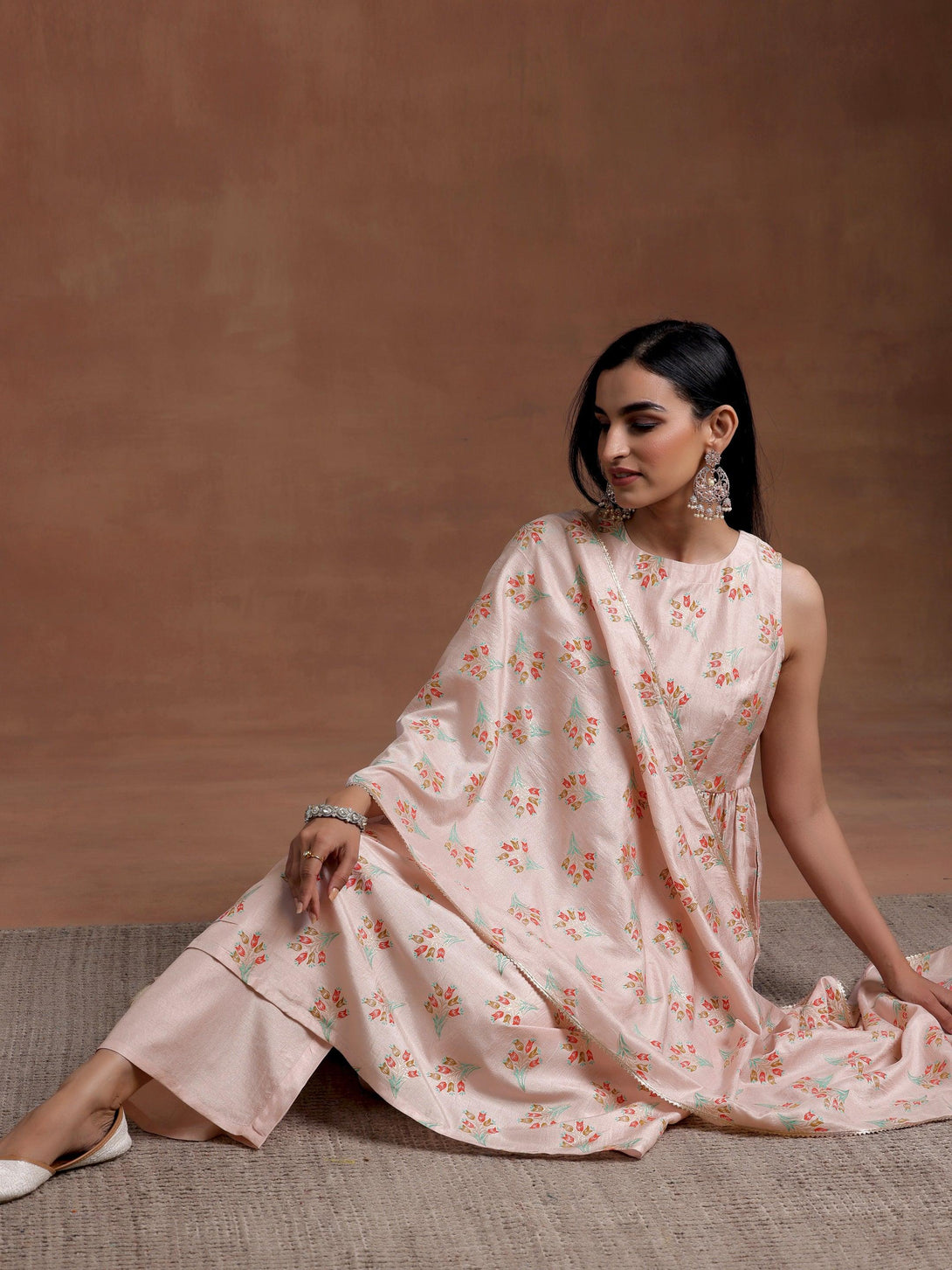 Powder Pink Printed Silk Blend A-Line Kurta With Palazzos & Dupatta - Jashvi