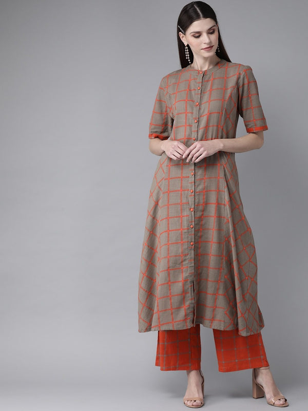 Women's  Grey & Orange Checked Kurta with Palazzos - AKS