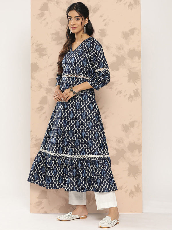 Women's Indigo Blue Lace Insertion And Tier Fit And Flare Dress - Yufta