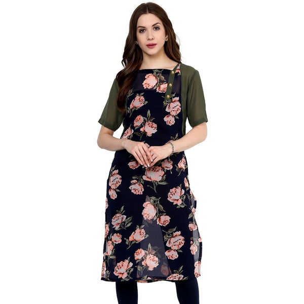 Women's Navy Roses Print Kurti - Pannkh