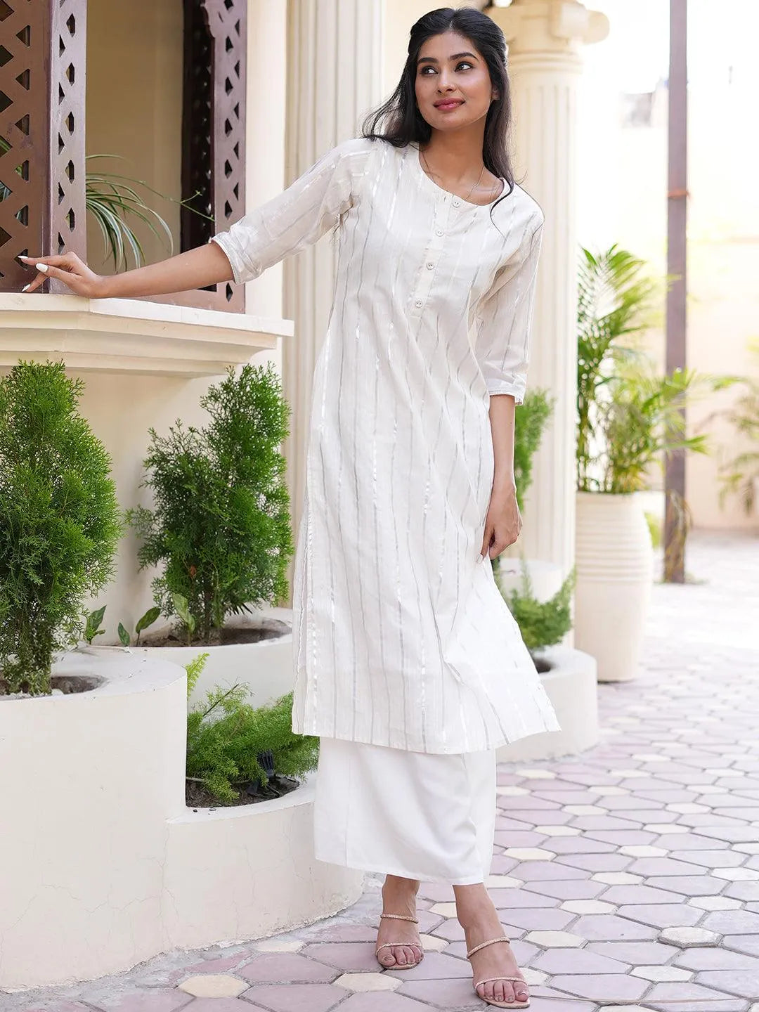 White Woven Design Cotton Kurta - Jashvi